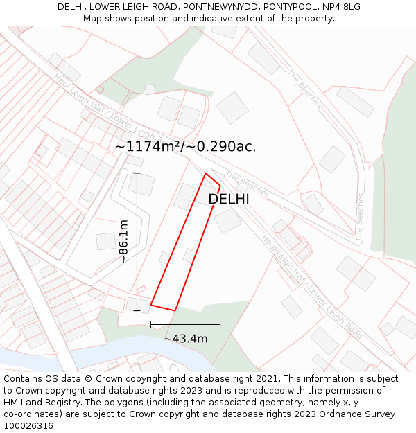 DELHI, LOWER LEIGH ROAD, PONTNEWYNYDD, PONTYPOOL, NP4 8LG: Plot and title map