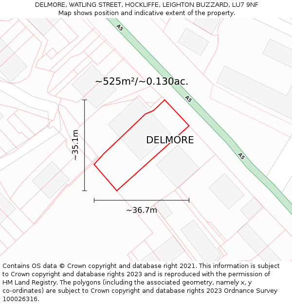 DELMORE, WATLING STREET, HOCKLIFFE, LEIGHTON BUZZARD, LU7 9NF: Plot and title map