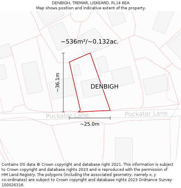 DENBIGH, TREMAR, LISKEARD, PL14 6EA: Plot and title map