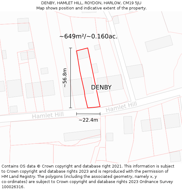 DENBY, HAMLET HILL, ROYDON, HARLOW, CM19 5JU: Plot and title map