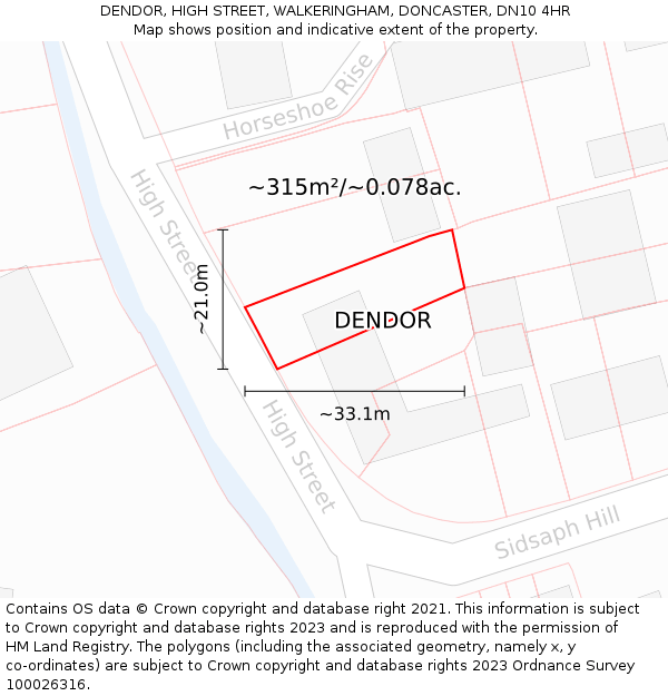 DENDOR, HIGH STREET, WALKERINGHAM, DONCASTER, DN10 4HR: Plot and title map