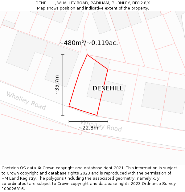 DENEHILL, WHALLEY ROAD, PADIHAM, BURNLEY, BB12 8JX: Plot and title map