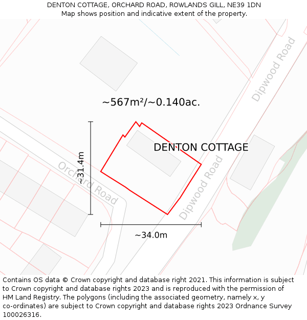 DENTON COTTAGE, ORCHARD ROAD, ROWLANDS GILL, NE39 1DN: Plot and title map