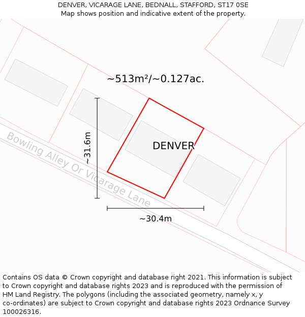 DENVER, VICARAGE LANE, BEDNALL, STAFFORD, ST17 0SE: Plot and title map