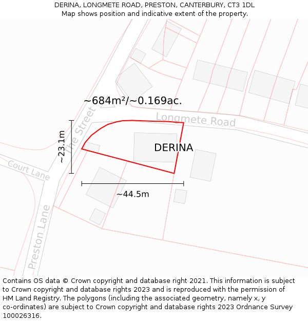 DERINA, LONGMETE ROAD, PRESTON, CANTERBURY, CT3 1DL: Plot and title map