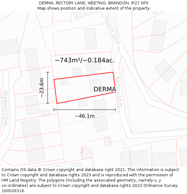 DERMA, RECTORY LANE, WEETING, BRANDON, IP27 0PX: Plot and title map