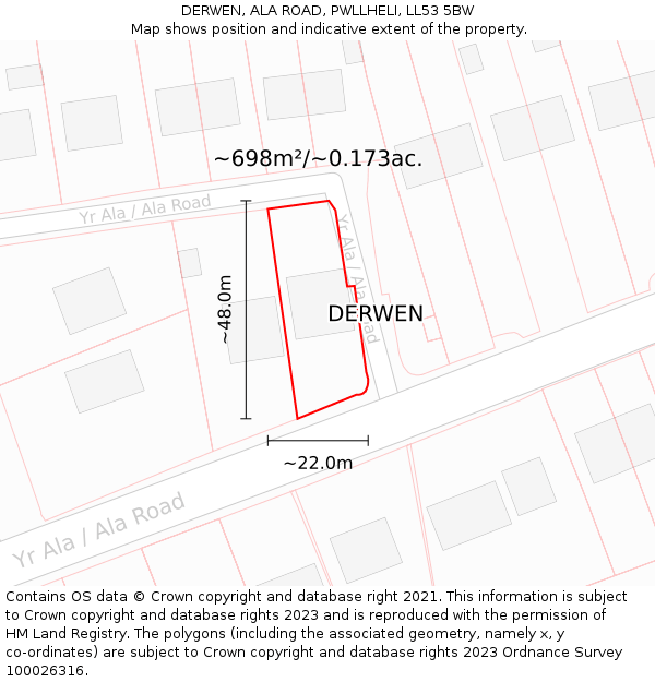 DERWEN, ALA ROAD, PWLLHELI, LL53 5BW: Plot and title map