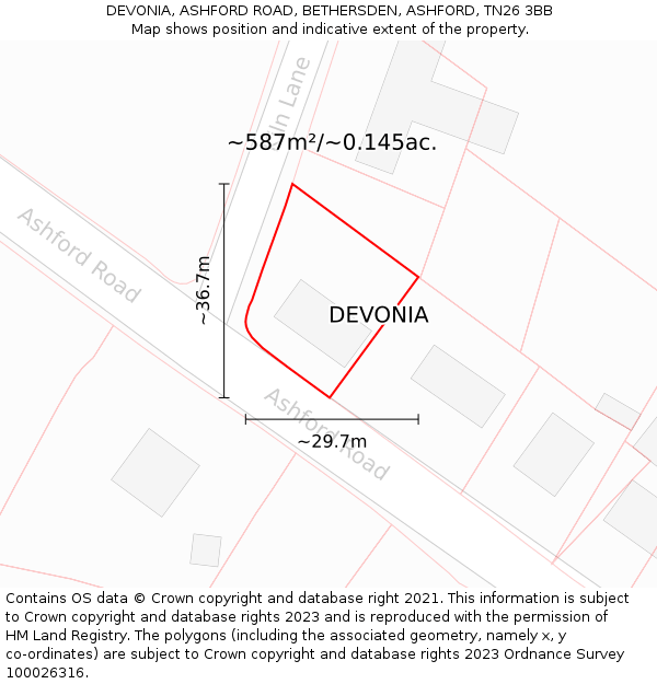 DEVONIA, ASHFORD ROAD, BETHERSDEN, ASHFORD, TN26 3BB: Plot and title map