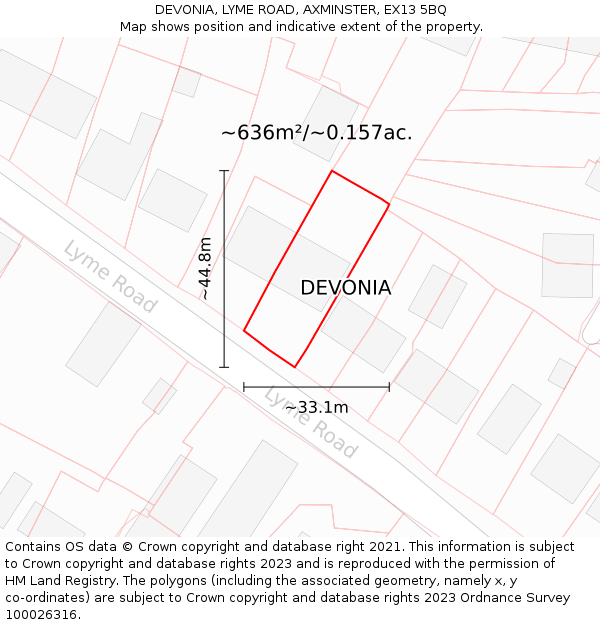 DEVONIA, LYME ROAD, AXMINSTER, EX13 5BQ: Plot and title map