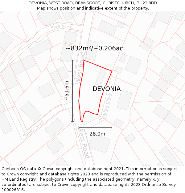DEVONIA, WEST ROAD, BRANSGORE, CHRISTCHURCH, BH23 8BD: Plot and title map