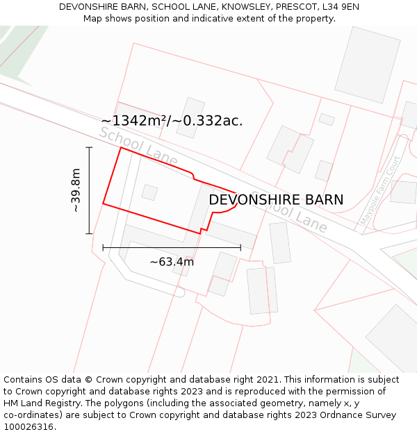 DEVONSHIRE BARN, SCHOOL LANE, KNOWSLEY, PRESCOT, L34 9EN: Plot and title map