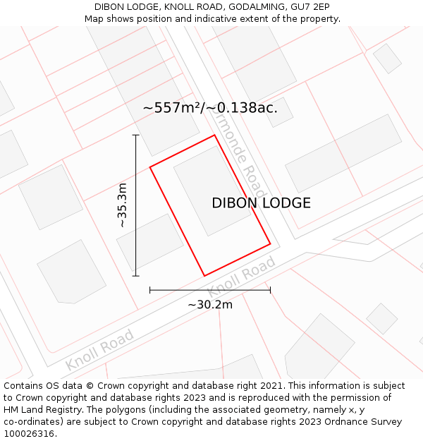 DIBON LODGE, KNOLL ROAD, GODALMING, GU7 2EP: Plot and title map