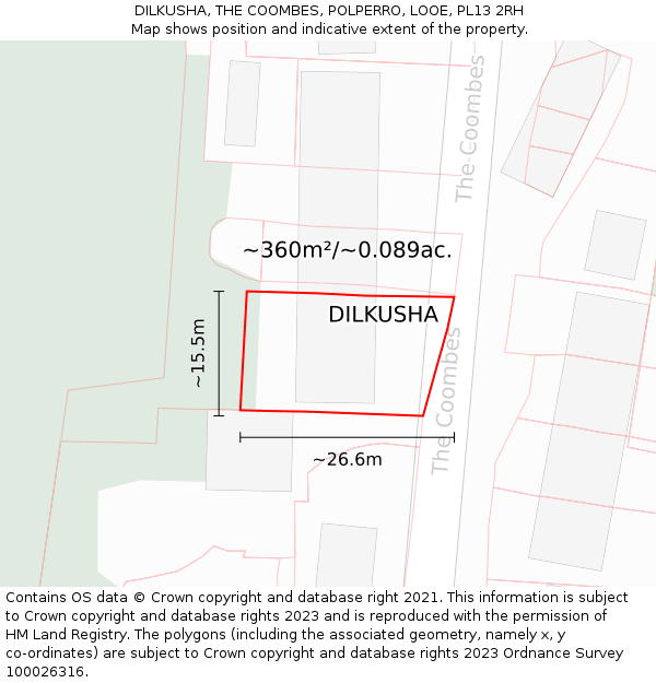 DILKUSHA, THE COOMBES, POLPERRO, LOOE, PL13 2RH: Plot and title map