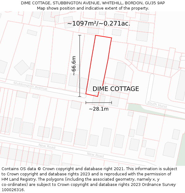DIME COTTAGE, STUBBINGTON AVENUE, WHITEHILL, BORDON, GU35 9AP: Plot and title map