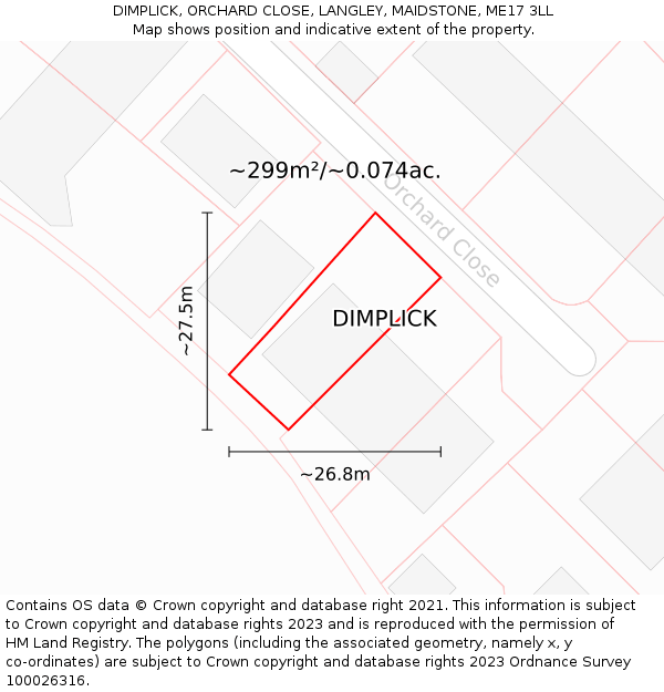 DIMPLICK, ORCHARD CLOSE, LANGLEY, MAIDSTONE, ME17 3LL: Plot and title map