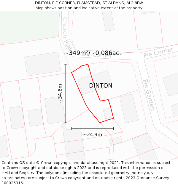 DINTON, PIE CORNER, FLAMSTEAD, ST ALBANS, AL3 8BW: Plot and title map