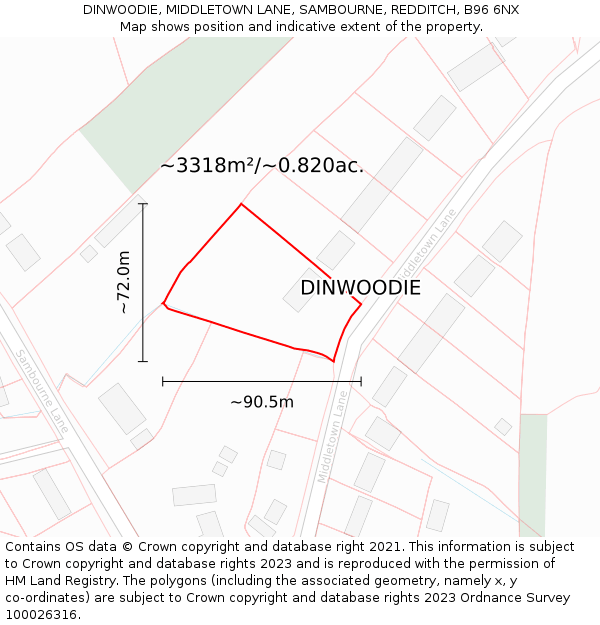 DINWOODIE, MIDDLETOWN LANE, SAMBOURNE, REDDITCH, B96 6NX: Plot and title map