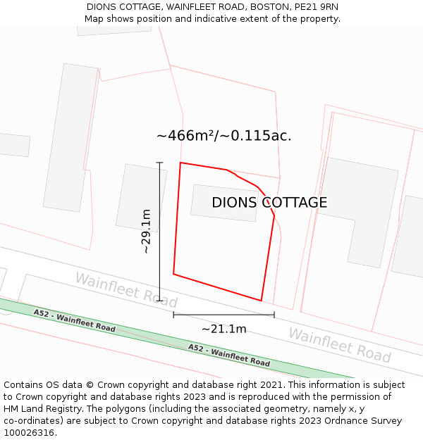 DIONS COTTAGE, WAINFLEET ROAD, BOSTON, PE21 9RN: Plot and title map