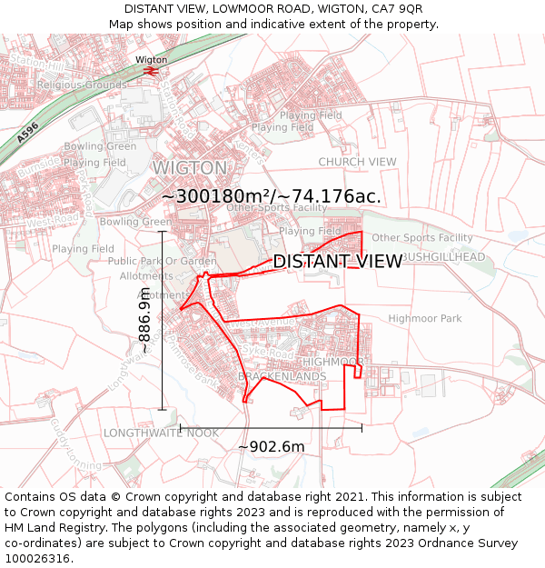 DISTANT VIEW, LOWMOOR ROAD, WIGTON, CA7 9QR: Plot and title map