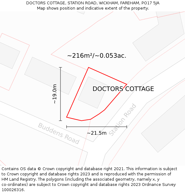 DOCTORS COTTAGE, STATION ROAD, WICKHAM, FAREHAM, PO17 5JA: Plot and title map