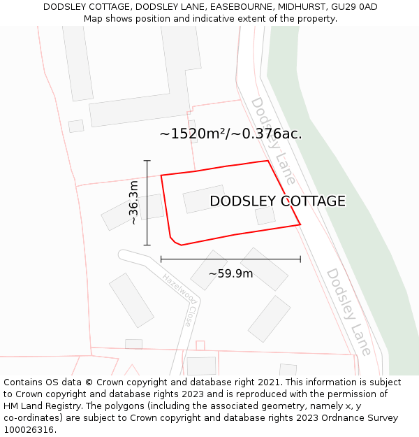DODSLEY COTTAGE, DODSLEY LANE, EASEBOURNE, MIDHURST, GU29 0AD: Plot and title map