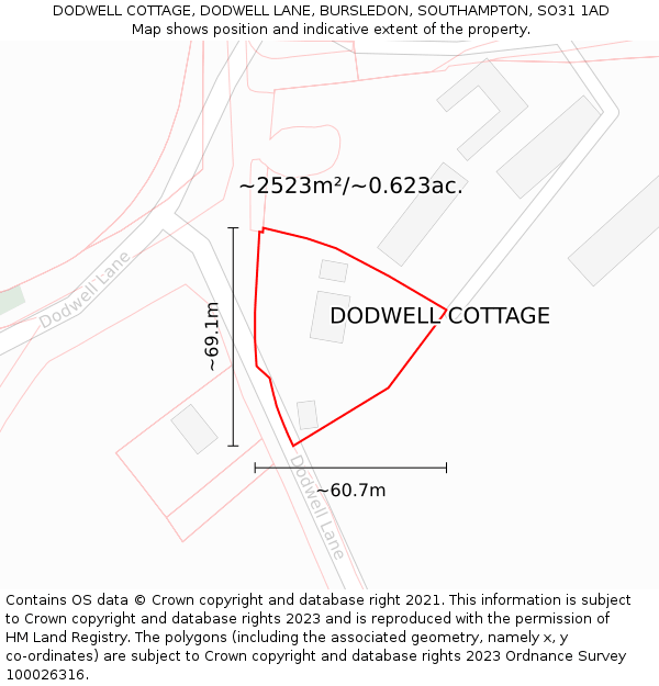 DODWELL COTTAGE, DODWELL LANE, BURSLEDON, SOUTHAMPTON, SO31 1AD: Plot and title map