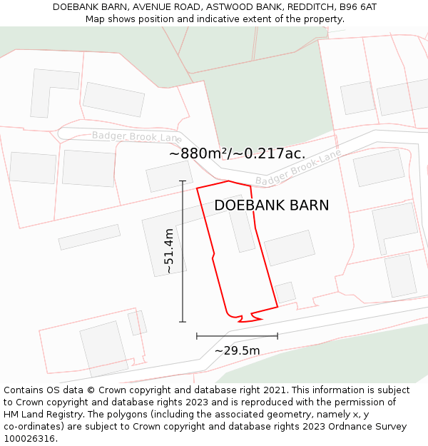 DOEBANK BARN, AVENUE ROAD, ASTWOOD BANK, REDDITCH, B96 6AT: Plot and title map