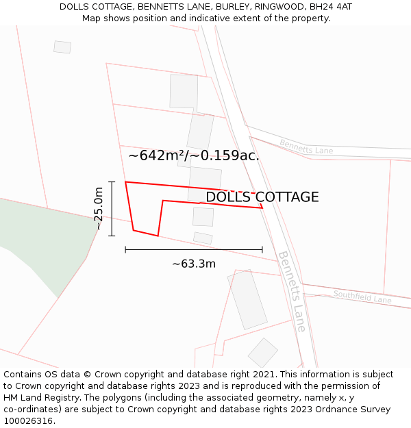 DOLLS COTTAGE, BENNETTS LANE, BURLEY, RINGWOOD, BH24 4AT: Plot and title map