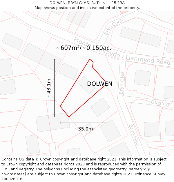 DOLWEN, BRYN GLAS, RUTHIN, LL15 1RA: Plot and title map