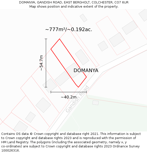 DOMANYA, GANDISH ROAD, EAST BERGHOLT, COLCHESTER, CO7 6UR: Plot and title map