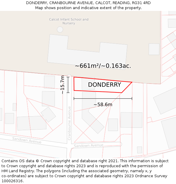 DONDERRY, CRANBOURNE AVENUE, CALCOT, READING, RG31 4RD: Plot and title map