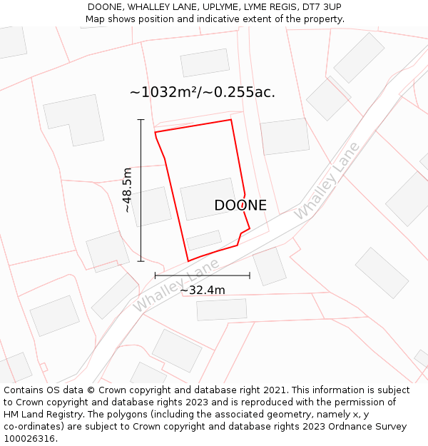 DOONE, WHALLEY LANE, UPLYME, LYME REGIS, DT7 3UP: Plot and title map