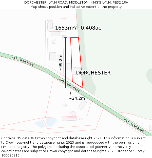 DORCHESTER, LYNN ROAD, MIDDLETON, KING'S LYNN, PE32 1RH: Plot and title map