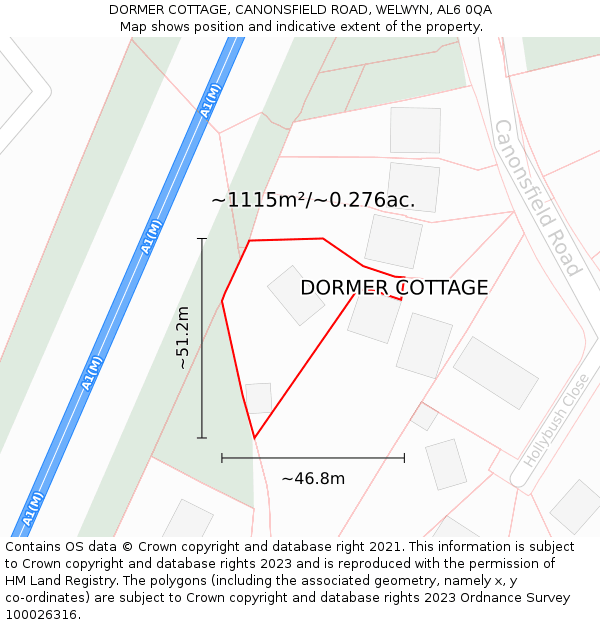 DORMER COTTAGE, CANONSFIELD ROAD, WELWYN, AL6 0QA: Plot and title map