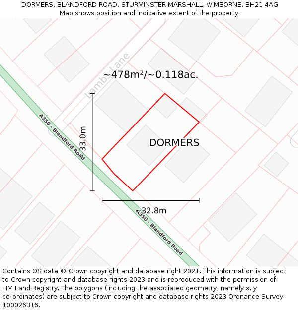 DORMERS, BLANDFORD ROAD, STURMINSTER MARSHALL, WIMBORNE, BH21 4AG: Plot and title map