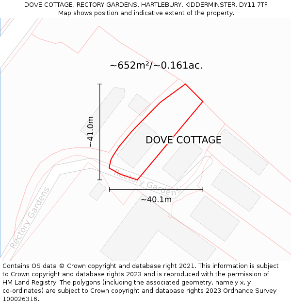 DOVE COTTAGE, RECTORY GARDENS, HARTLEBURY, KIDDERMINSTER, DY11 7TF: Plot and title map