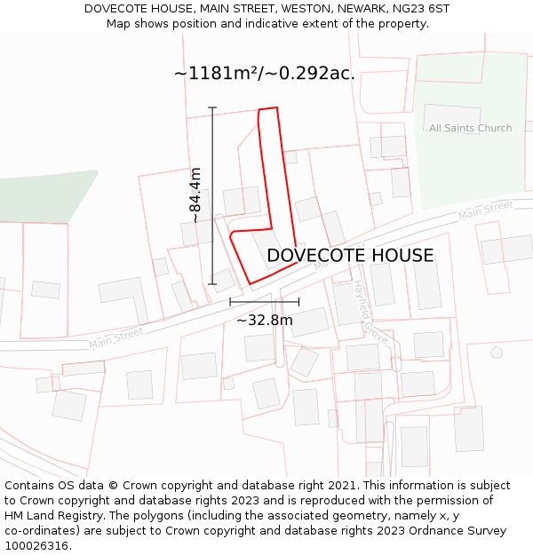 DOVECOTE HOUSE, MAIN STREET, WESTON, NEWARK, NG23 6ST: Plot and title map