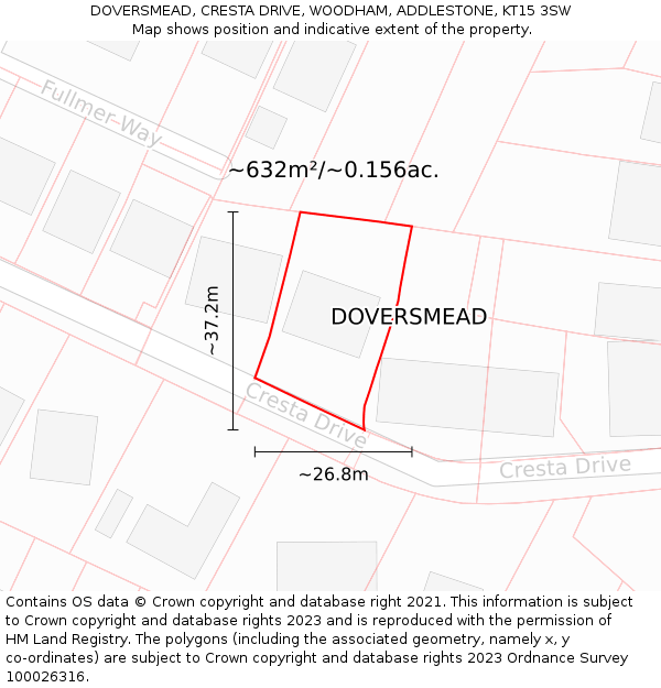 DOVERSMEAD, CRESTA DRIVE, WOODHAM, ADDLESTONE, KT15 3SW: Plot and title map