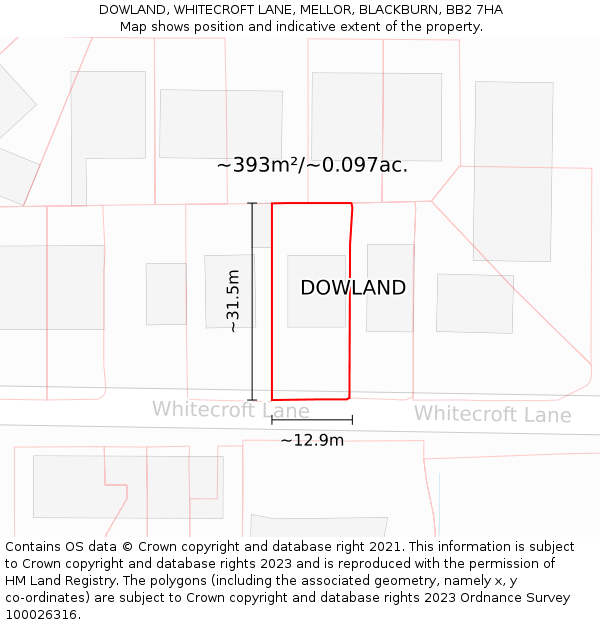 DOWLAND, WHITECROFT LANE, MELLOR, BLACKBURN, BB2 7HA: Plot and title map