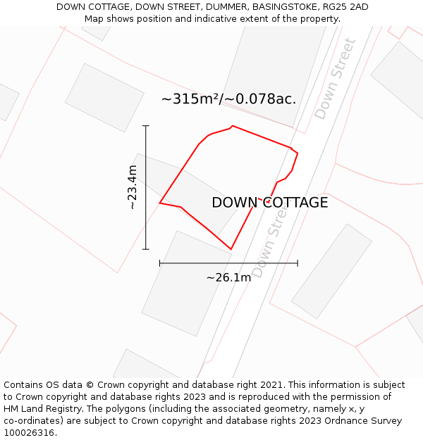 DOWN COTTAGE, DOWN STREET, DUMMER, BASINGSTOKE, RG25 2AD: Plot and title map