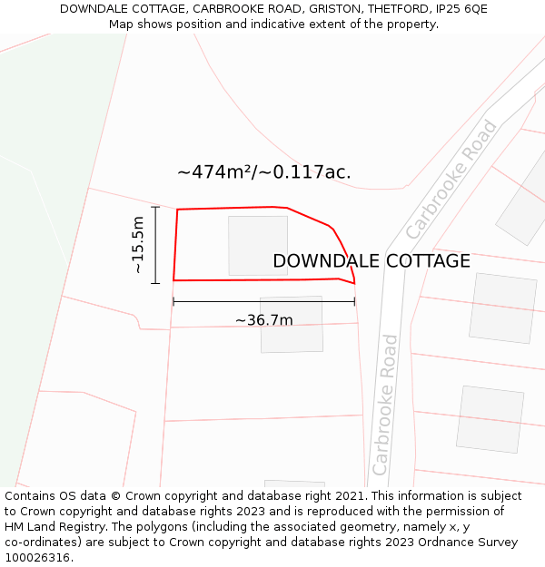 DOWNDALE COTTAGE, CARBROOKE ROAD, GRISTON, THETFORD, IP25 6QE: Plot and title map