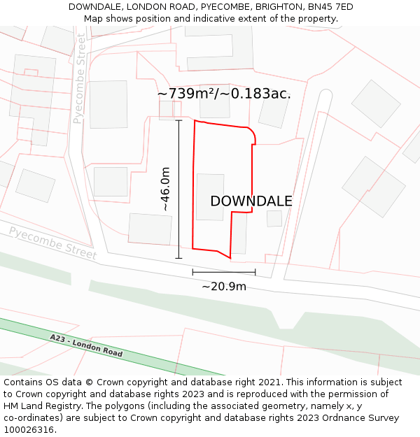 DOWNDALE, LONDON ROAD, PYECOMBE, BRIGHTON, BN45 7ED: Plot and title map