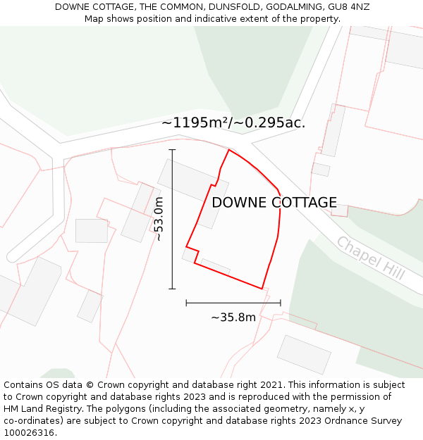 DOWNE COTTAGE, THE COMMON, DUNSFOLD, GODALMING, GU8 4NZ: Plot and title map