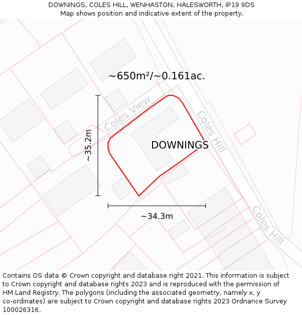 DOWNINGS, COLES HILL, WENHASTON, HALESWORTH, IP19 9DS: Plot and title map