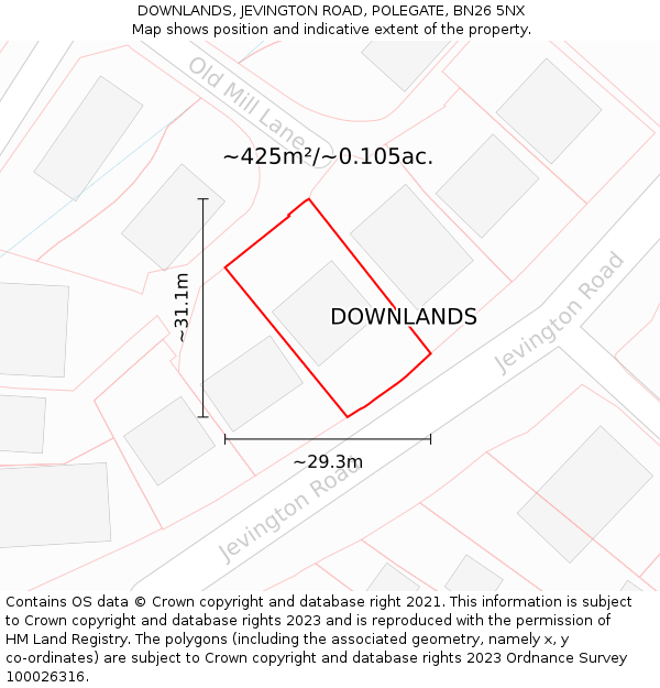 DOWNLANDS, JEVINGTON ROAD, POLEGATE, BN26 5NX: Plot and title map