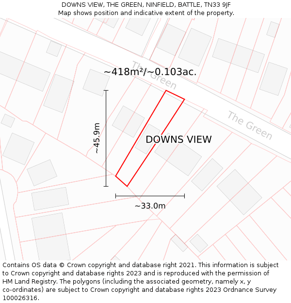 DOWNS VIEW, THE GREEN, NINFIELD, BATTLE, TN33 9JF: Plot and title map