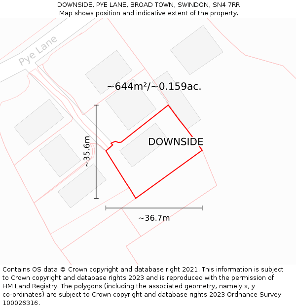 DOWNSIDE, PYE LANE, BROAD TOWN, SWINDON, SN4 7RR: Plot and title map