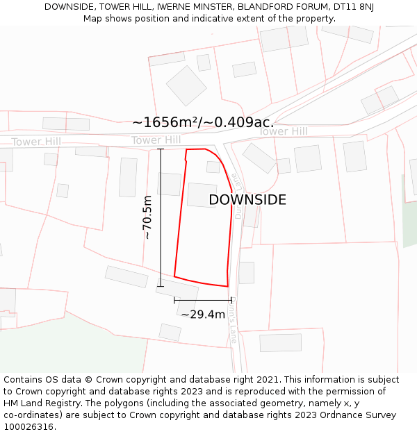 DOWNSIDE, TOWER HILL, IWERNE MINSTER, BLANDFORD FORUM, DT11 8NJ: Plot and title map
