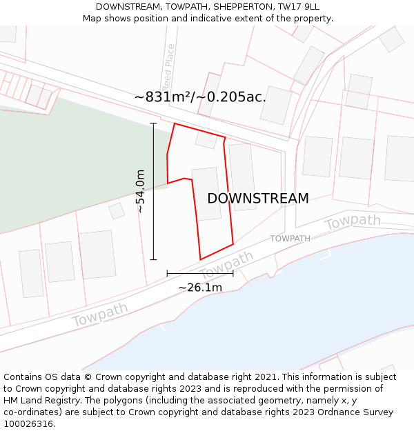 DOWNSTREAM, TOWPATH, SHEPPERTON, TW17 9LL: Plot and title map