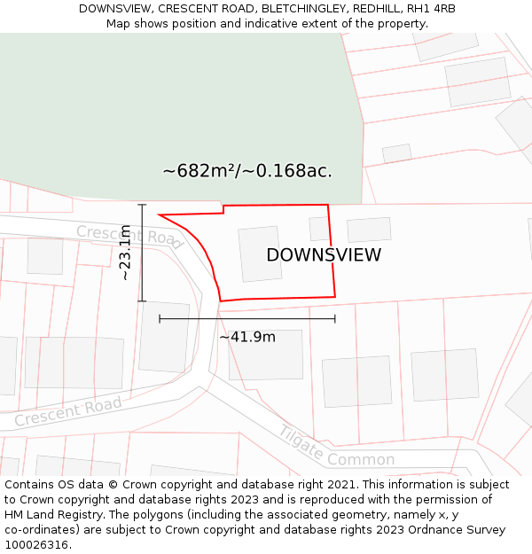DOWNSVIEW, CRESCENT ROAD, BLETCHINGLEY, REDHILL, RH1 4RB: Plot and title map